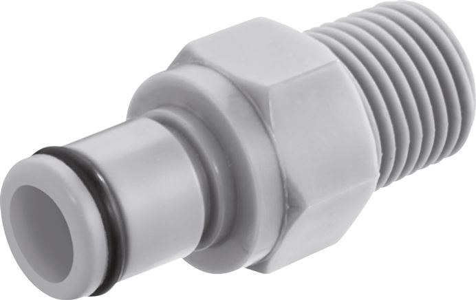 Exemplary representation: Coupling plug with male thread, polypropylene, grey